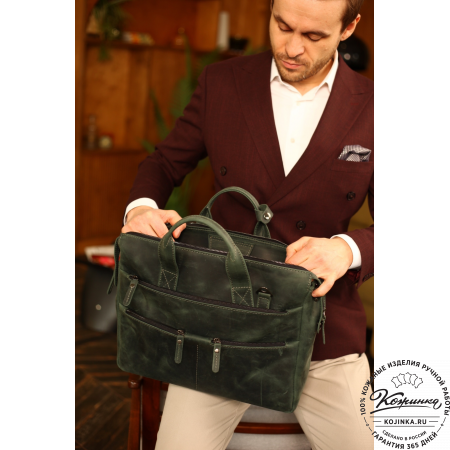 Кожаная деловая сумка "Марк" (изумруд крейзи)